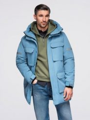 Ocieplana długa męska kurtka z odblaskowymi elementami – niebieska V4 - Rozmiar: M. Niebieskie kurtki męskie Ombre Clothing, l, z aplikacjami, z gumy, eleganckie, bez ramiączek. W wyprzedaży za 370.49 zł.