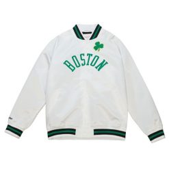 Satynowa bluza dresowa Boston Celtics. Białe bluzy nierozpinane męskie Mitchell & Ness, bez wzorów, z dresówki, sportowe, bez ramiączek, bez kaptura. Za 517.00 zł.