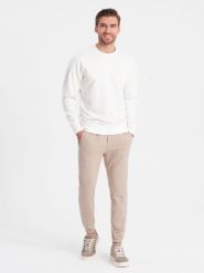Spodnie męskie dresowe CARROT ze strukturalnej dzianiny - beżowe V2 - Rozmiar: XL. Brązowe spodnie dresowe męskie Ombre Clothing, bez wzorów, z bawełny. W wyprzedaży za 69.99 zł.