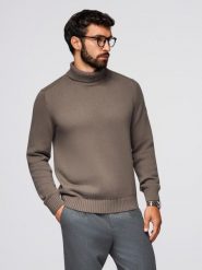 Golf męski sweter z dzianiny – szarobrązowy V1. Brązowe swetry męskie Ombre Clothing, bez wzorów, z bawełny, biznesowe, bez kołnierzyka, bez ramiączek. Za 189.99 zł.
