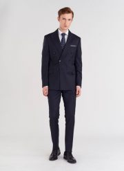 PAKO LORENTE – Granatowe spodnie garniturowe w subtelną kratę. Eleganckie spodnie męskie Pako Lorente, bez wzorów, z wełny, eleganckie. Za 999.99 zł.