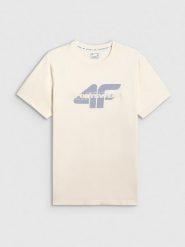 4F T-shirt regular z nadrukiem męski - beżowy M. Brązowe t-shirty męskie 4f, m, bez wzorów, z bawełny, bez kołnierzyka, bez ramiączek. Za 59.99 zł.