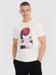 4F T-shirt regular z nadrukiem męski - biały XL. Białe t-shirty sportowe męskie 4f, m, bez wzorów, z bawełny, klasyczne, bez ramiączek. W wyprzedaży za 49.99 zł.
