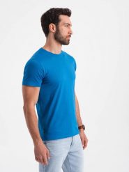 Męski klasyczny bawełniany T-shirt BASIC - niebieski V12 - Rozmiar: 3XL. Niebieskie t-shirty męskie Ombre Clothing, m, bez wzorów, z bawełny, bez kołnierzyka, bez ramiączek. W wyprzedaży za 24.99 zł.