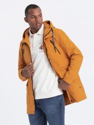 Kurtka męska parka z kieszeniami cargo - musztardowa V3 - Rozmiar: XL. Czarne kurtki męskie Ombre Clothing, m, bez wzorów, eleganckie, bez ramiączek, bez kaptura. W wyprzedaży za 109.99 zł.