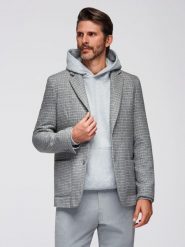 Marynarka męska w kratę z dodatkiem wełny - szara V1 - Rozmiar: XL. Szare marynarki męskie Ombre Clothing, m, bez wzorów, z materiału. W wyprzedaży za 169.99 zł.