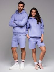 Komplet dresowy UNISEX bluza z kapturem + szorty w stylu athleisure – lawendowe V9 - Rozmiar: XS/S. Fioletowe bluzy nierozpinane męskie Ombre Clothing, l, z aplikacjami, z bawełny, z kapturem. W wyprzedaży za 232.49 zł.