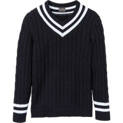 Sweter z dekoltem w serek i wzorem w warkocze bonprix czarno-biały. Swetry męskie marki bonprix. Za 59.99 zł.