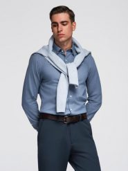 Koszula męska SLIM FIT z ozdobnej tkaniny – niebieska V1 - Rozmiar: XL. Niebieskie koszule męskie Ombre Clothing, m, z aplikacjami, z bawełny, bez kołnierzyka, bez ramiączek. W wyprzedaży za 119.99 zł.