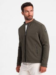 Kurtka męska o kroju biker ze strukturalnego materiału – ciemnooliwkowa V1 - Rozmiar: XL. Zielone kurtki męskie Ombre Clothing, m, bez wzorów, eleganckie, bez ramiączek, bez kaptura. W wyprzedaży za 79.99 zł.