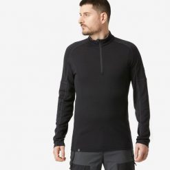 Koszulka męska trekkingowa z długim rękawem Simond MT500 merino. Czarne koszulki męskie z długim rękawem FORCLAZ, l, bez wzorów, z materiału, sportowe, bez kołnierzyka, bez ramiączek. Za 229.99 zł.