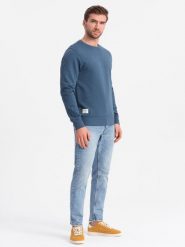 Męska bluza dresowa BASIC z okrągłym dekoltem - granatowa V4. Niebieskie bluzy nierozpinane męskie Ombre Clothing, m, bez wzorów, z bawełny, bez ramiączek, bez kaptura. W wyprzedaży za 109.49 zł.