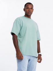 T-shirt bawełniany męski LOOSE FIT z okrągłym dekoltem – miętowy V6 OM-TSBC-0234 - XL. Zielone t-shirty męskie Ombre Clothing, l, bez wzorów, z bawełny, bez kołnierzyka, bez ramiączek. Za 77.99 zł.