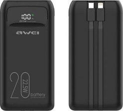 Powerbank Awei AWEI PowerBank P169K 20000mAh 22.5W czarny/black wyświetlacz + kable PD/Lightning. Czarne powerbanki Awei. Za 138.65 zł.