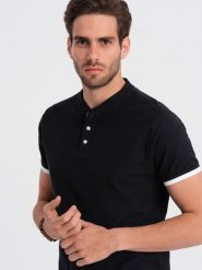 Ombre Męska koszulka polo bez kołnierzyka - czarna V8 OM-TSCT-0156 L. Czarne koszulki polo męskie Ombre, l, bez wzorów, bez kołnierzyka, bez ramiączek. Za 79.99 zł.