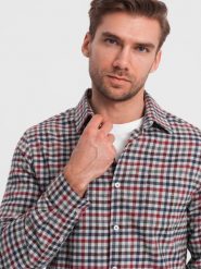 Męska flanelowa koszula w kratę - granatowo-czerwona V3 - Rozmiar: L. Czerwone koszule męskie Ombre Clothing, l, bez wzorów, z bawełny, bez kołnierzyka, bez ramiączek. W wyprzedaży za 79.99 zł.