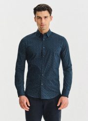 PAKO LORENTE – Granatowa koszula we wzór geometryczny. Koszule męskie Pako Lorente, l, bez wzorów, z bawełny, bez kołnierzyka, bez ramiączek. Za 199.99 zł.