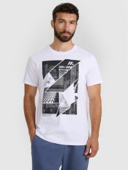 4F T-shirt regular z nadrukiem męski - biały XL. Białe t-shirty męskie 4f, m, bez wzorów, z bawełny, bez kołnierzyka, bez ramiączek. Za 69.99 zł.