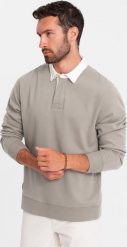 Ombre Bluza męska z białym kołnierzykiem polo - ciemnobeżowa V2 OM-SSNZ-0132 L. Białe bluzy nierozpinane męskie Ombre, l, bez wzorów, bez ramiączek, bez kaptura. Za 79.99 zł.