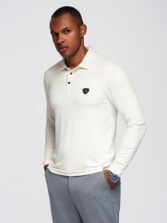 Koszulka polo z długim rękawem zapinana na eleganckie, brandowane guziki kremowa V2 OM-POLS-0139 S. Białe koszulki polo męskie Ombre, m, bez wzorów, eleganckie, bez kołnierzyka, bez ramiączek. Za 226.92 zł.