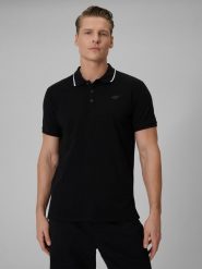 4F Koszulka polo regular męska - czarna S. Czarne koszulki polo męskie 4f, m, bez wzorów, z dzianiny, biznesowe, bez kołnierzyka, bez ramiączek. Za 119.99 zł.