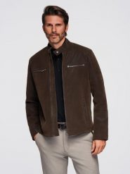 Męska kurtka biker w stylu retro ze stójką – brązowa V1 - Rozmiar: M. Brązowe kurtki męskie Ombre Clothing, m, bez wzorów, z materiału, retro, bez ramiączek, bez kaptura. W wyprzedaży za 189.99 zł.