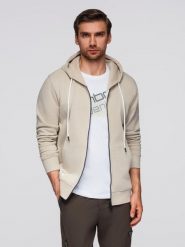 Bluza męska dresowa BASIC rozpinana z kapturem - jasnobeżowa V1 - Rozmiar: XL. Brązowe bluzy z kapturem męskie Ombre Clothing, m, z aplikacjami, z bawełny, z kapturem. W wyprzedaży za 157.49 zł.
