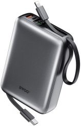 BWOO power bank P73 22.5W 20000 mAh z 2 wbudowanymi kablami 1 x USB-C 1 x Lightning srebrny. Szare powerbanki Wekome. Za 75.88 zł.