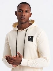 Bluza męska kangurka z kapturem i logotypem – kremowa V2 - Rozmiar: L. Białe bluzy nierozpinane męskie Ombre Clothing, l, bez wzorów, z bawełny, z kapturem. W wyprzedaży za 99.99 zł.