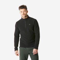 Polar turystyczny męski Quechua MH100. Czarne bluzy z polaru męskie QUECHUA, m, bez wzorów, z materiału, sportowe, bez ramiączek, bez kaptura. Za 49.99 zł.