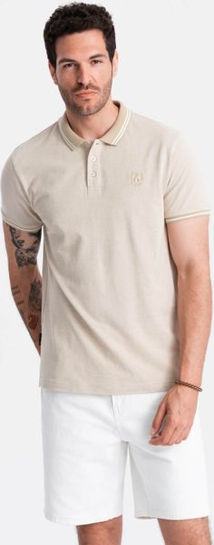 Ombre Melanżowa koszulka męska polo z kołnierzykiem w paski piaskowa V4 OM-POSS-0109 M. Koszulki polo męskie Ombre, m, bez wzorów, bez kołnierzyka, bez ramiączek. Za 89.99 zł.