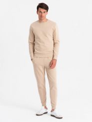 Komplet dresowy męski bawełniany BASIC bluza nierozpinana + joggery – beżowy V6 - Rozmiar: XL. Brązowe bluzy nierozpinane męskie Ombre Clothing, m, bez wzorów, z bawełny, bez ramiączek, bez kaptura. W wyprzedaży za 202.49 zł.