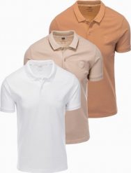 Komplet bawełnianych t-shirtów męskich polo BASIC biały/cielisty/jasnobrązowy V6 OM-POBS-0133 XXL. Białe koszulki polo męskie Ombre, m, bez wzorów, z bawełny, bez kołnierzyka, bez ramiączek. Za 376.71 zł.