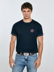 Koszulka męska z kontrastowymi przeszyciami granatowa Elvin 403. Niebieskie t-shirty męskie Big Star, l, bez wzorów, z bawełny, bez kołnierzyka, bez ramiączek. Za 99.99 zł.