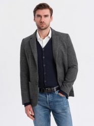 Męska marynarka w kratę z dodatkiem wełny - grafitowa V2 - Rozmiar: M. Szare marynarki męskie Ombre Clothing, m, bez wzorów, z materiału. W wyprzedaży za 169.99 zł.