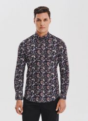 PAKO LORENTE – Granatowa koszula w kwiaty. Koszule męskie Pako Lorente, m, bez wzorów, z bawełny, bez kołnierzyka, bez ramiączek. Za 199.99 zł.