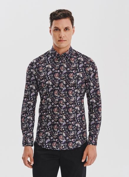 PAKO LORENTE – Granatowa koszula w kwiaty. Koszule męskie Pako Lorente, m, bez wzorów, z bawełny, bez kołnierzyka, bez ramiączek. Za 199.99 zł.