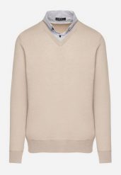 Beżowy Sweter z Wełną i Koszulowym Kołnierzykiem Espirra. Brązowe swetry męskie Born2be, bez wzorów, z wełny, biznesowe, bez kołnierzyka, bez ramiączek. Za 59.99 zł.