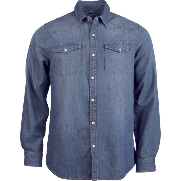 Koszula z długim rękawem Kariban Denim. Niebieskie koszule męskie KARIBAN, m, bez wzorów, z denimu, bez kołnierzyka, bez ramiączek. Za 210.50 zł.