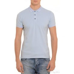 Męskie polo GUSTAVO SKY. Niebieskie koszulki polo męskie Męskie polo GUSTAVO SKY, l, bez wzorów, bez kołnierzyka, bez ramiączek. W wyprzedaży za 49.00 zł.