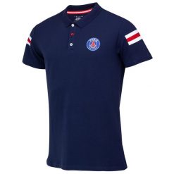 Paris Saint-Germain polo męskie. Niebieskie koszulki polo męskie PSG, l, bez wzorów, eleganckie, bez kołnierzyka, bez ramiączek. Za 209.99 zł.