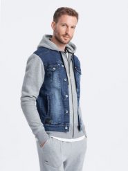 Dzianinowa kurtka męska z kapturem i jeansowymi wstawkami – szaro-niebieska V1 - Rozmiar: L. Szare kurtki męskie Ombre Clothing, l, bez wzorów, z dresówki, bez ramiączek, z kapturem. W wyprzedaży za 149.99 zł.