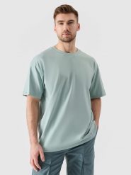4F T-shirt oversize z nadrukiem męski - turkusowe M. Niebieskie t-shirty męskie 4f, m, bez wzorów, z bawełny, bez kołnierzyka, bez ramiączek. W wyprzedaży za 39.99 zł.