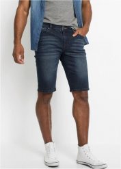 Bermudy dżinsowe ze stretchem o kroju slim fit. Niebieskie jeansy męskie bonprix, bez wzorów, z jeansu, eleganckie. Za 129.99 zł.