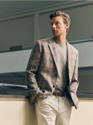 Marynarka slim fit w kratę - beżowy. Brązowe marynarki męskie Reserved, l, bez wzorów, z tkaniny. Za 329.99 zł.