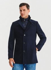 PAKO LORENTE - Granatowy wełniany płaszcz ze stójką. Niebieskie płaszcze męskie Pako Lorente, na jesień, m, bez wzorów, z poliesteru, bez kaptura. Za 999.99 zł.