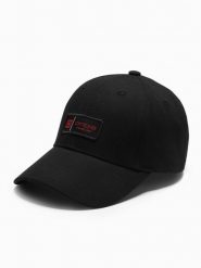 Męska czapka z daszkiem bejsbolówka z patchem – czarna V1 OM-ACCS-0103 - uniwersalny. Czarne czapki męskie Ombre Clothing, z aplikacjami, z bawełny. W wyprzedaży za 39.99 zł.