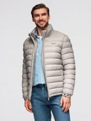 Pikowana męska kurtka z dwoma zapięciami - jasnoszara V2 - Rozmiar: XXL. Szare kurtki męskie Ombre Clothing, m, z aplikacjami, z materiału, eleganckie, bez ramiączek, bez kaptura. W wyprzedaży za 254.99 zł.