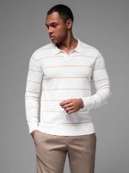 Męski longsleeve polo w poziome paski z wiskozą biało-beżowy V4 OM-POLS-0146 M. Białe koszulki polo męskie Ombre, m, bez wzorów, z wiskozy, bez kołnierzyka, bez ramiączek. Za 317.70 zł.
