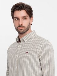 Bawełniana koszula męska REGULAR FIT w drobne paski – beżowa V1 OM-SHOS-0170 - XXL. Brązowe koszule męskie Ombre Clothing, l, bez wzorów, z bawełny, bez kołnierzyka, bez ramiączek. W wyprzedaży za 109.99 zł.